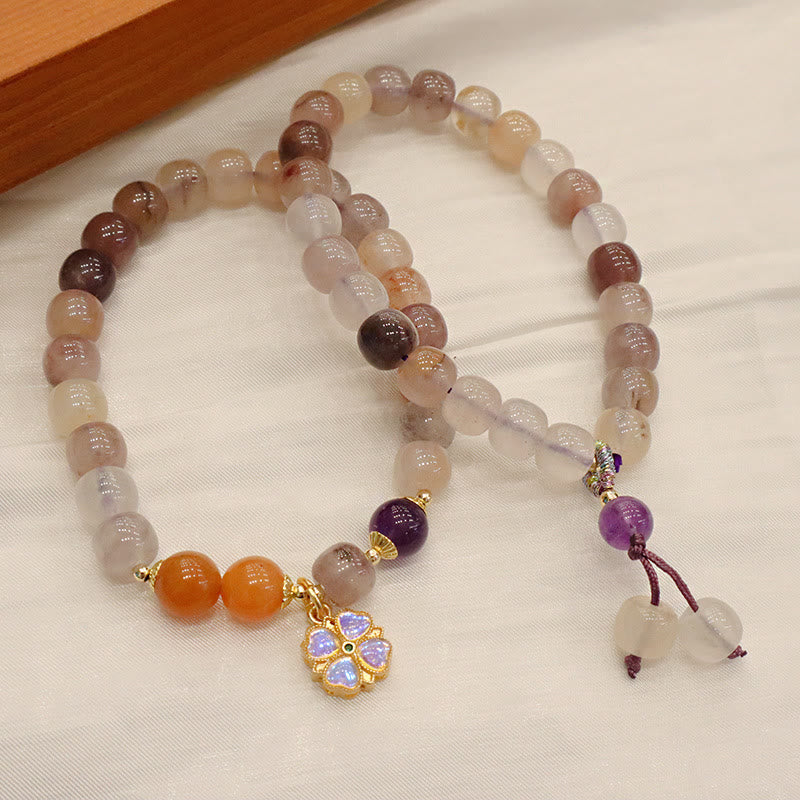 Natural Golden Silk Jade Violet Flower Bead Charm Adjustable Bracelet