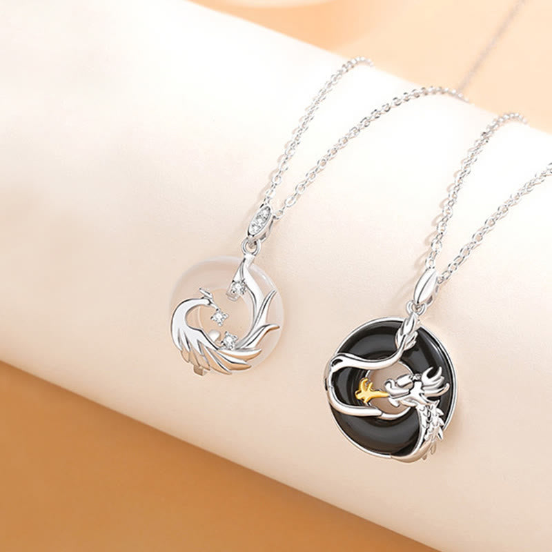 925 Sterling Silver Year of the Dragon Natural Black Onyx Chalcedony Dragon Phoenix Peace Buckle Protection Necklace Pendant