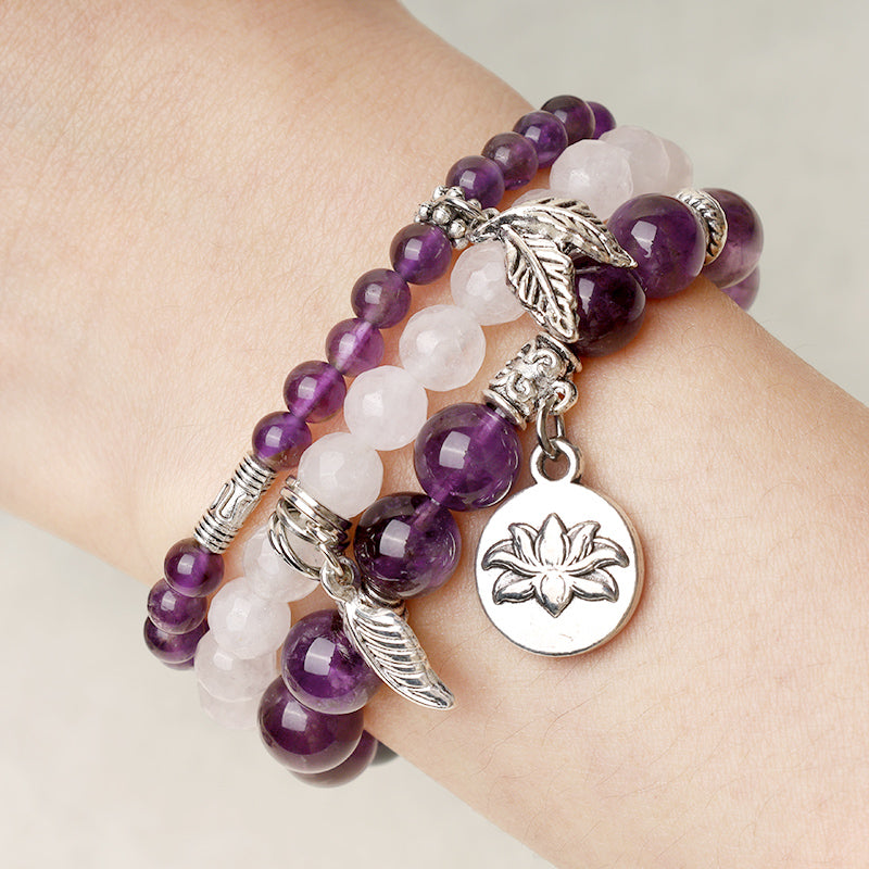 3PCS Natural Gemstone Beaded Lotus Charm Bracelet Set