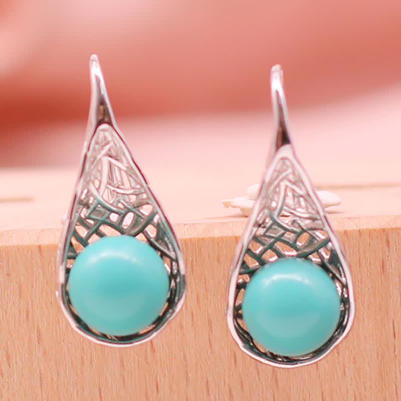 925 Sterling Silver Turquoise Patterned Beaded Drop Dangle Earrings