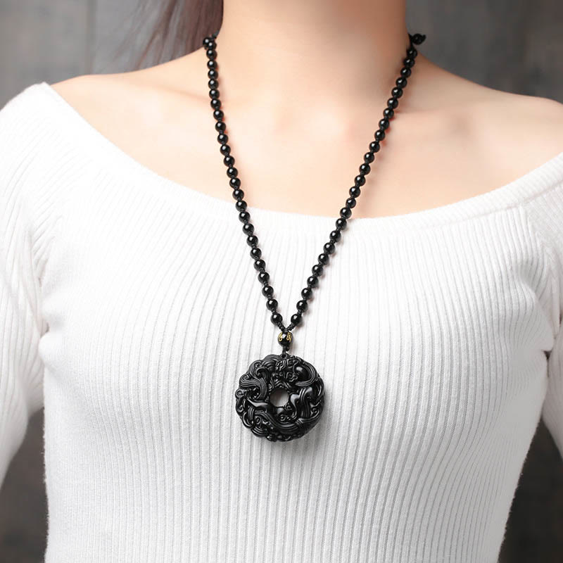 Natural Black Obsidian Peace Buckle Pixiu Purification Necklace Pendant