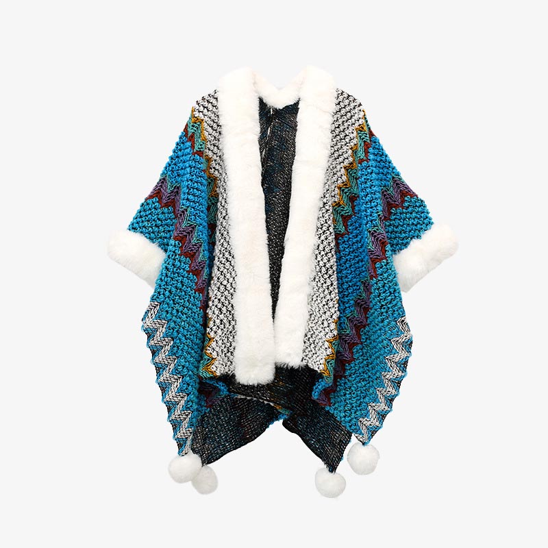 Tibetan Multicolored Wavy Lines Knitted Striped Shawl Coat Winter Cozy Travel Scarf Wrap
