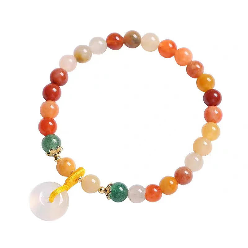 14K Gold Plated Golden Silk Jade and Green Strawberry Quartz Ping An Kou Bracelet