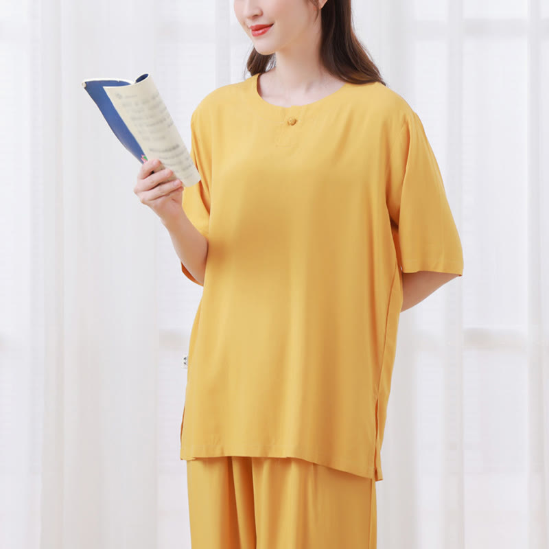 2Pcs Half Sleeve T-Shirt Pants Meditation Zen Tai Chi Cotton Linen Clothing Unisex Set