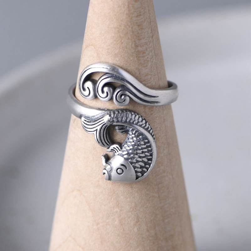 925 Sterling Silver Koi Fish Water Ripple Adjustable Ring