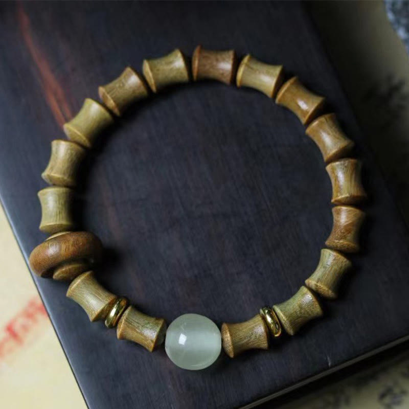 Handmade 8mm Bamboo Motif Wood Bead Meditation Bracelet in Ebony or Sandalwood