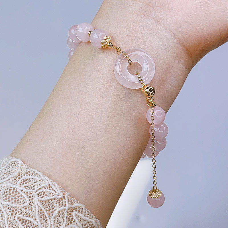 Natural Rose Quartz Beaded Bracelet with Ping An Kou Peace Buckle Charm