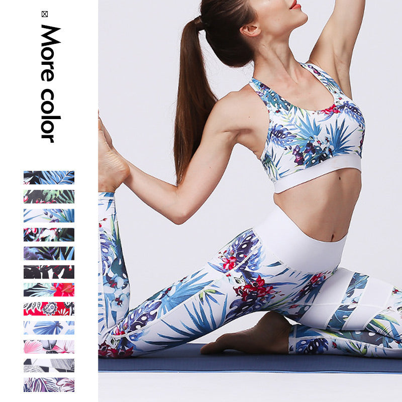 2Pcs Sunflower Flowers Leaves Print Top Pants Sports Fitness Yoga Women's Yoga Sets
