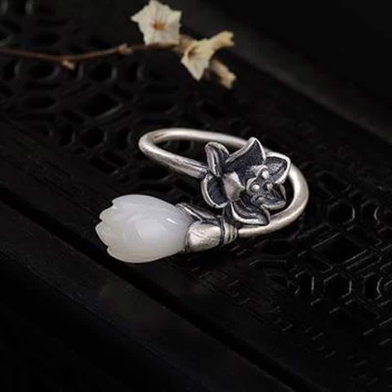 Handmade Copper Jade Lotus Adjustable Ring
