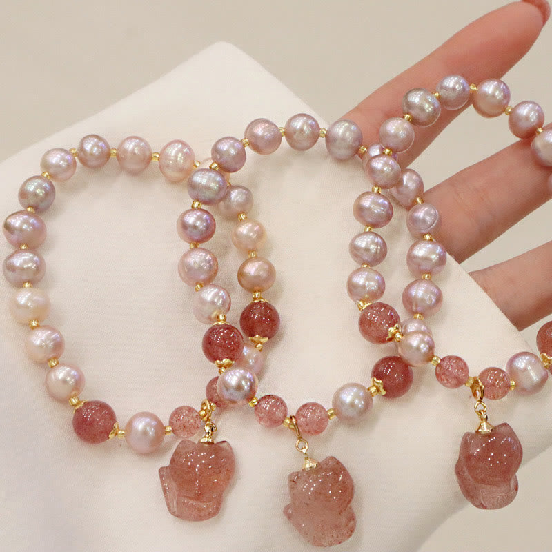 Natural Pearl Strawberry Quartz Cute Fox Love Healing Charm Bracelet