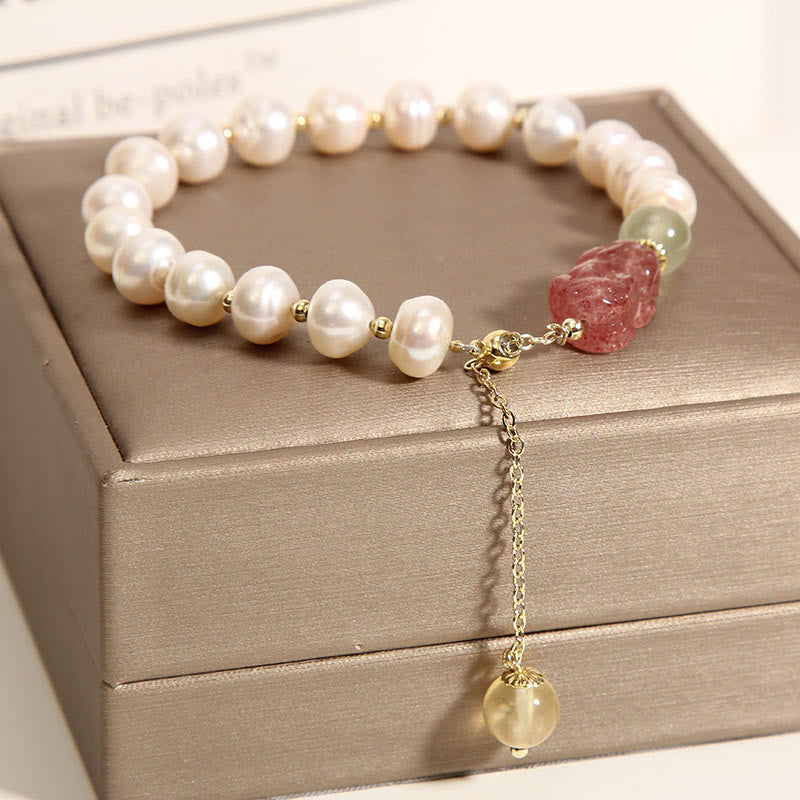 Natural Pearl Strawberry Quartz PiXiu Optimism Charm Bracelet