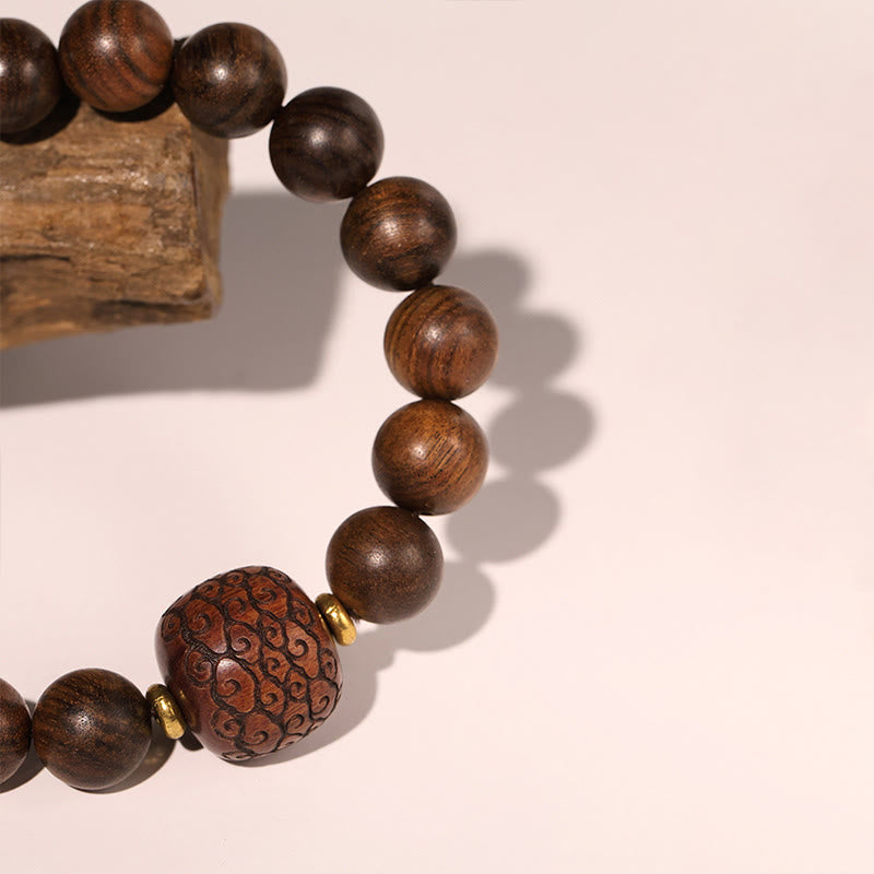 Hand-Carved Rosewood & Jade Turquoise Copper Auspicious Clouds Fu Symbol Bracelet