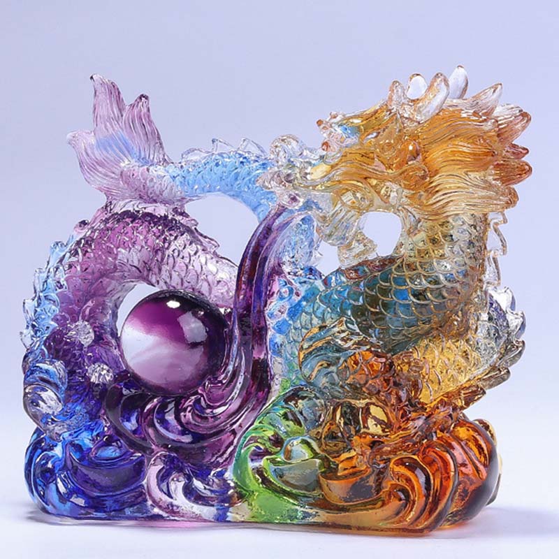 Year of the Dragon Handmade Dragon Playing With Pearl Ingot Liuli Crystal Art Piece Protection Home Office Decoration
