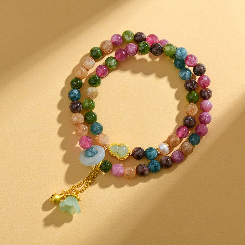 Multicolored Tourmaline Chalcedony Double Wrap Bracelet with Lily of the Valley & Wu Lou Gourd Charms