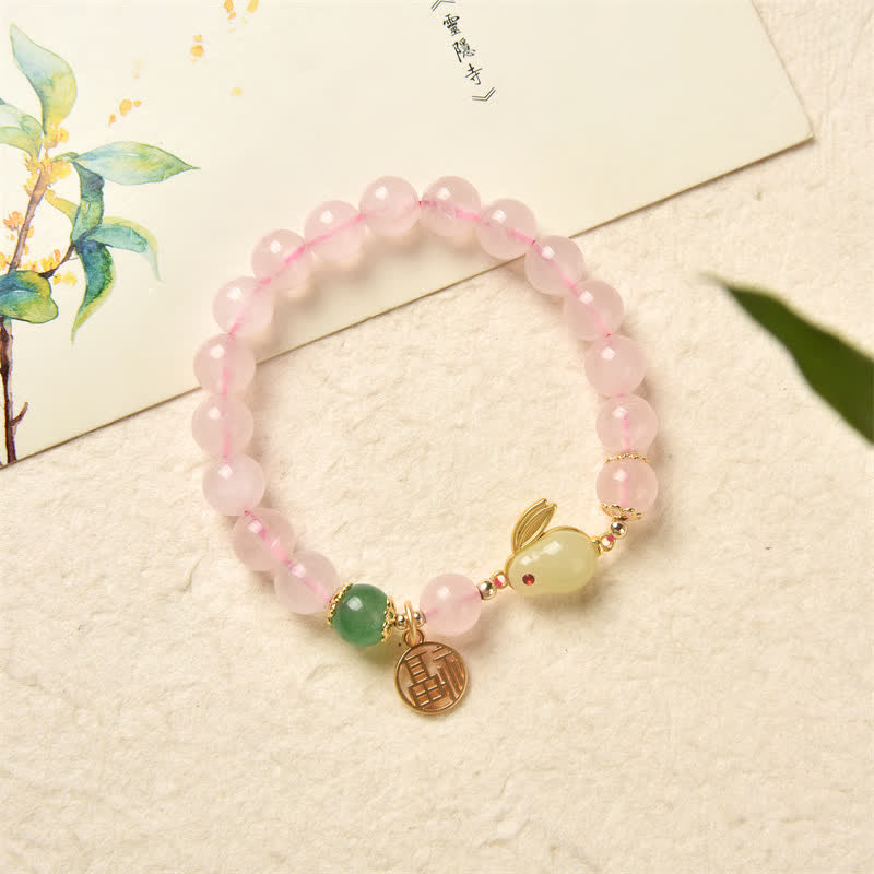 Natural Green Agate and Rose Quartz Rabbit Charm Beaded Bracelet