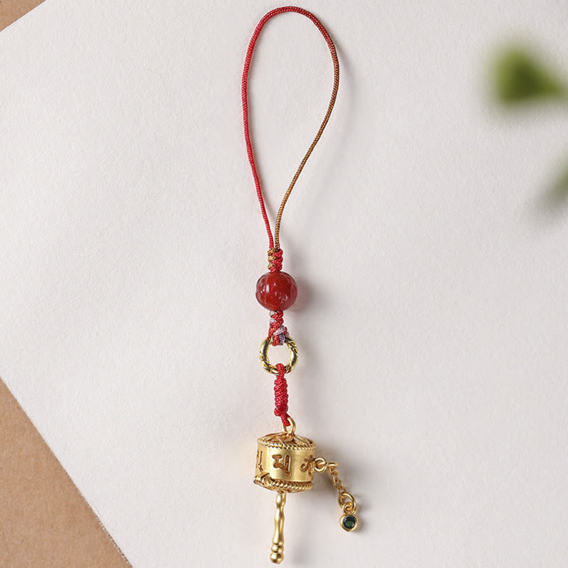 Tibetan Copper Om Mani Padme Hum Prayer Wheel & Red Agate Phone Charm