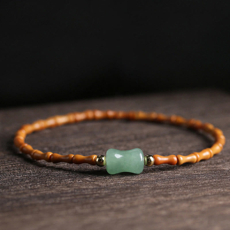 Natural Olive Pit Green Aventurine Bamboo Pattern Luck Bracelet