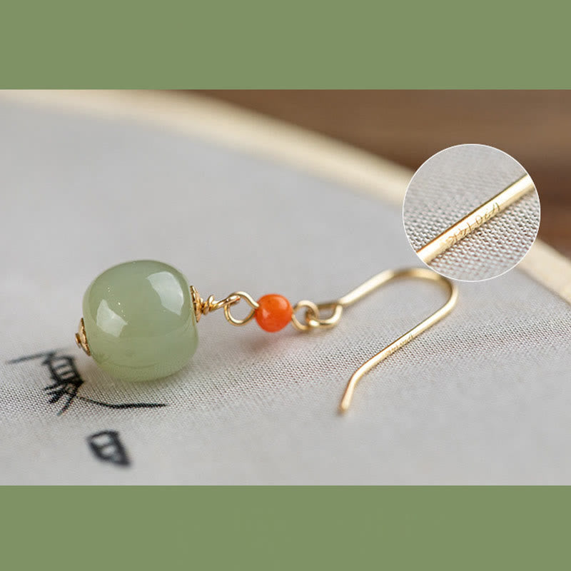 925 Sterling Silver Plated 14k Gold Hetian Jade Red Agate Luck Drop Dangle Earrings