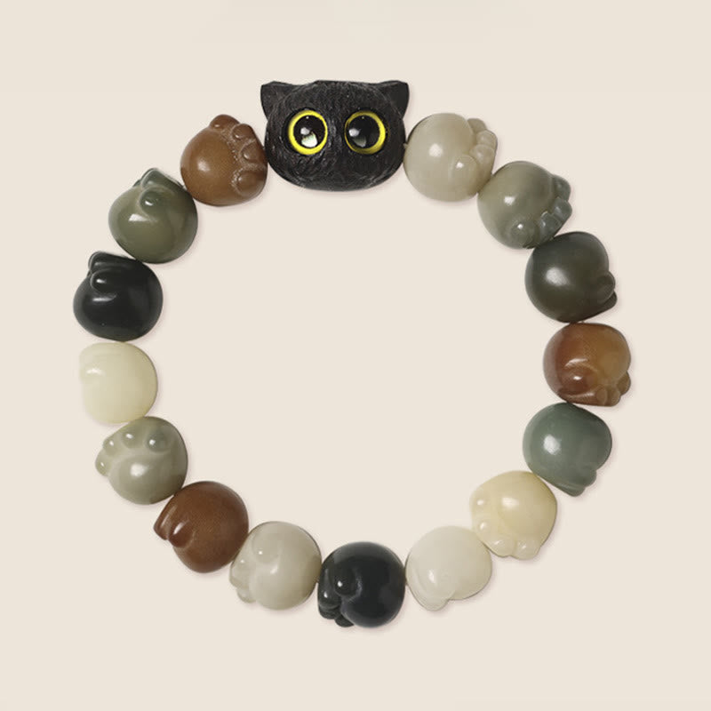 Natural Bodhi Seed Lovely Paw Ebony Wood Lucky Cat Wisdom Bracelet
