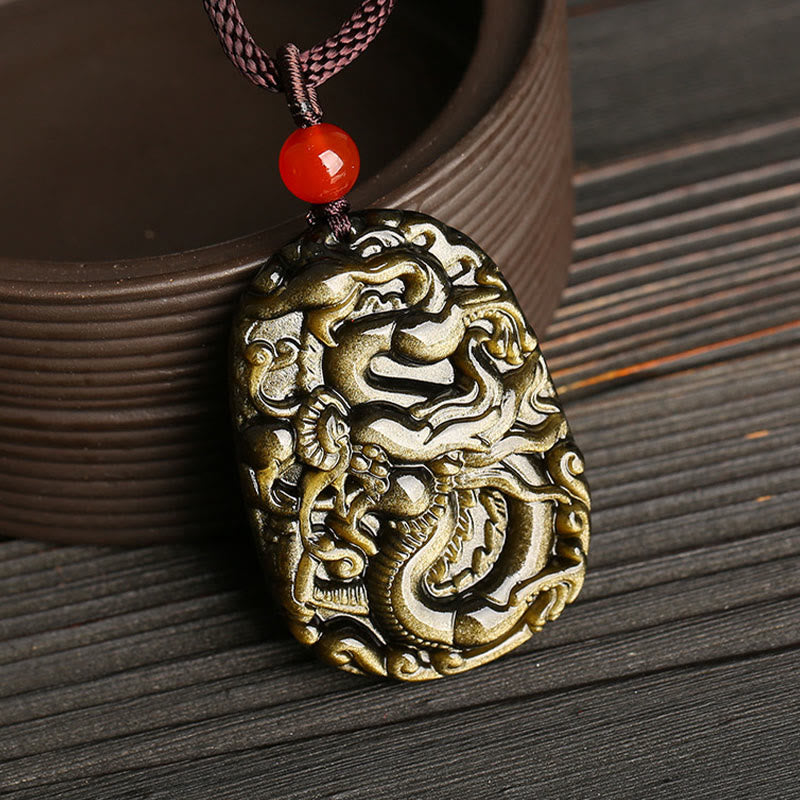 Gold Sheen Obsidian Dragon Pattern Success Necklace Pendant