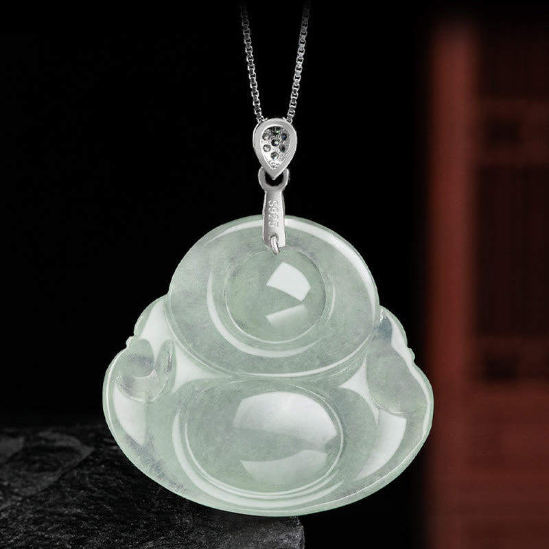 925 Sterling Silver Natural Jade Laughing Buddha Prosperity Abundance Chain Necklace Pendant
