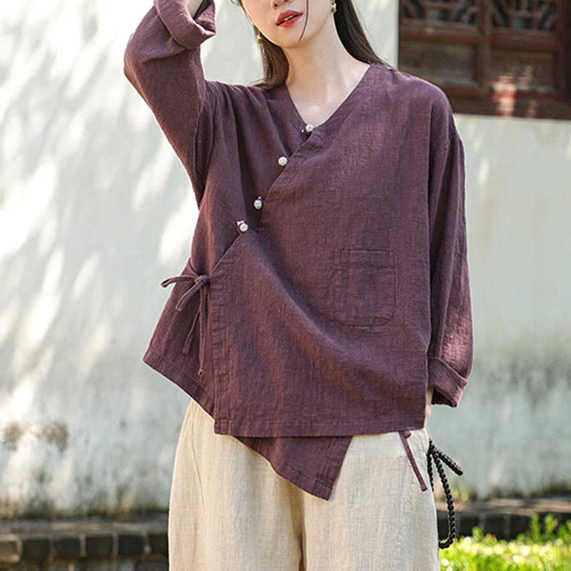 Solid Color Ramie Linen Loose Blouse Long Sleeve Shirt Chinese Hanfu Top