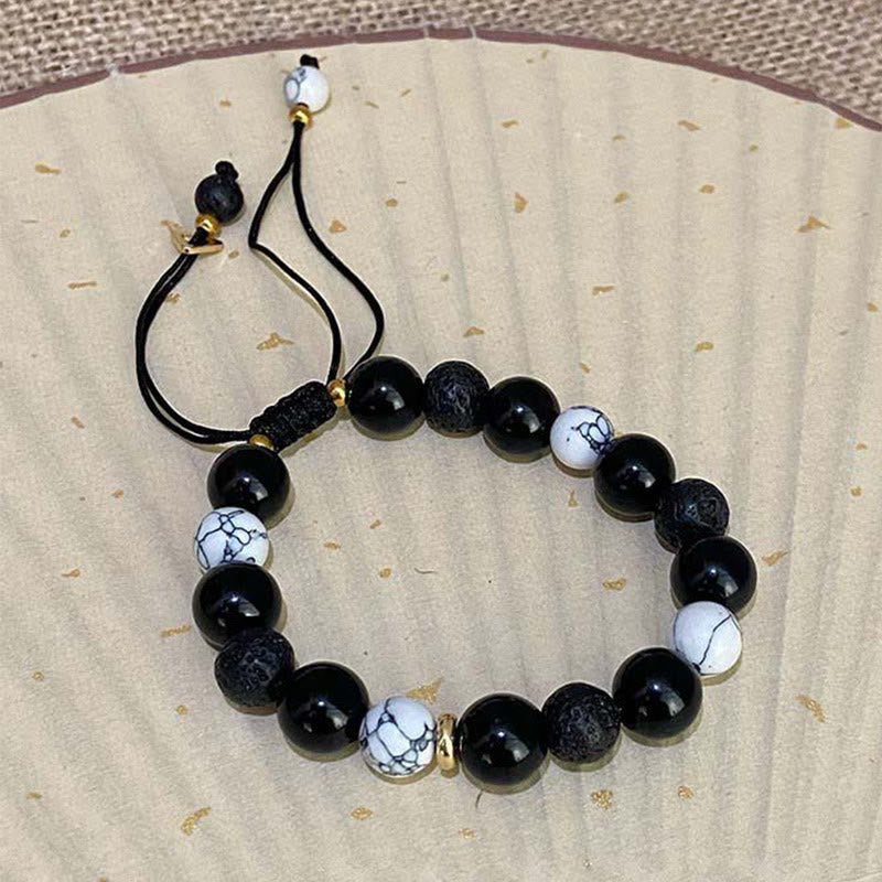 Natural Black Obsidian and Lava Rock Yin Yang Beaded Balance Bracelet