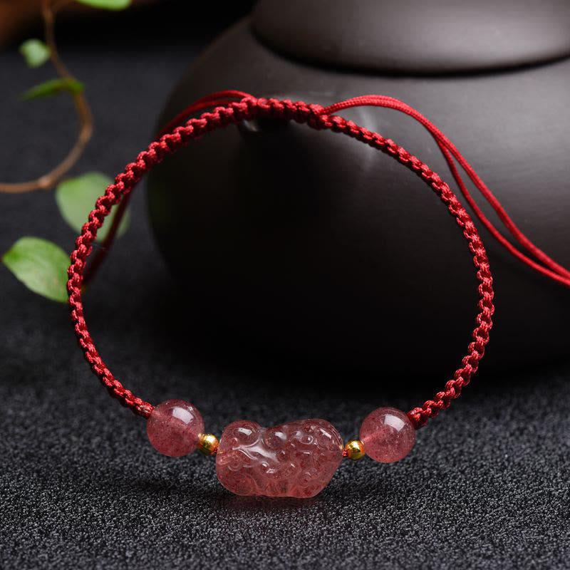 Natural Strawberry Quartz Pixiu Adjustable Red String Bracelet