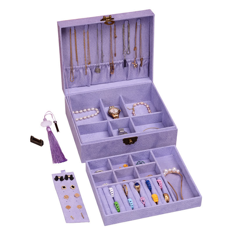 Elegant Two-Layer Flannel Jewelry Box Organizer with Secure Lock