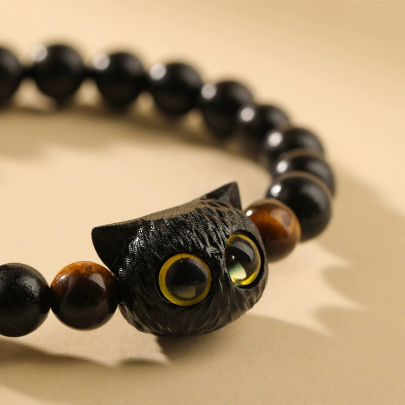 Cute Ebony Wood Cat Head Pattern Peace Bracelet