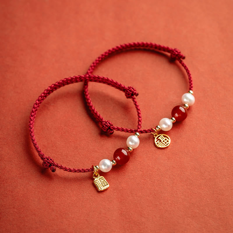 925 Sterling Silver Fu Prosperity Charm Agate Pearl Red String Braided Bracelet