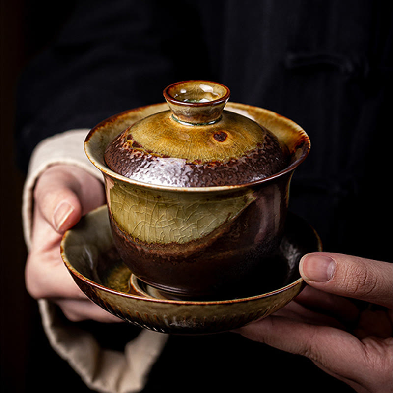 Vintage Brown Kiln Change Design Porcelain Ceramic Gaiwan Sancai Teacup Kung Fu Tea Cup And Saucer With Lid