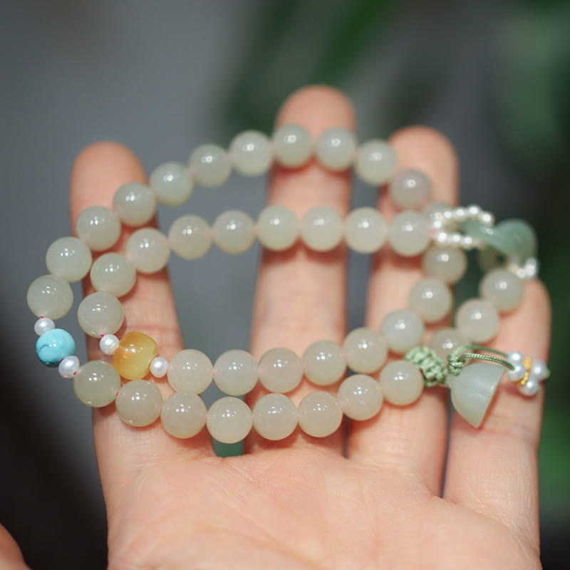 925 Sterling Silver Hetian Jade Double Peace Buckle Lotus Luck Double Wrap Bracelet