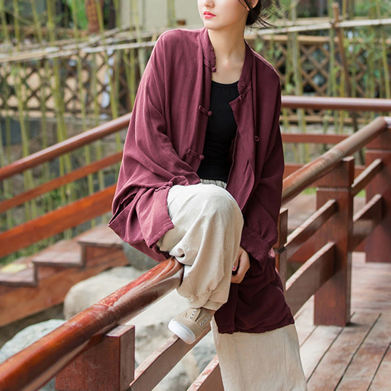 Frog-Button Long Sleeve Zen Meditation Open Front Jacket With Pockets