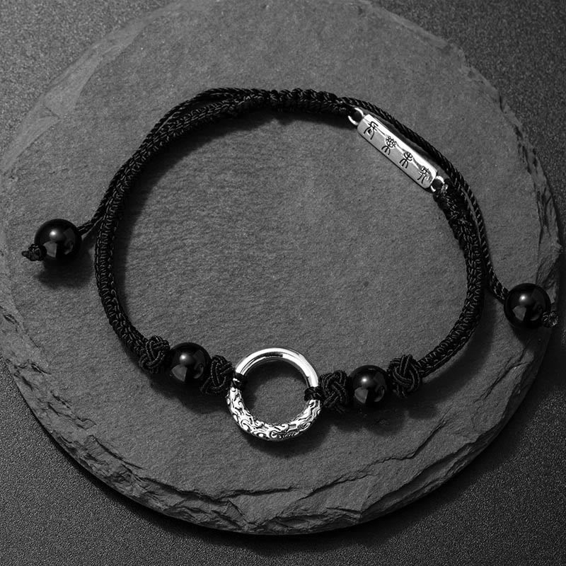 925 Sterling Silver Black Onyx Ping An Kou Peace Buckle Adjustable Bracelet