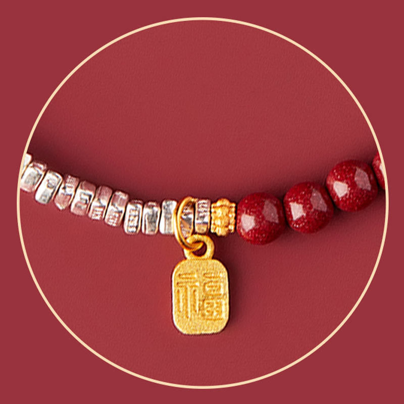 925 Sterling Silver Cinnabar Fu Character Blessing Bracelet