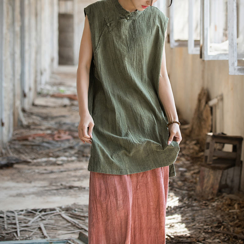 Handmade Tie Dye Ramie Linen Frog-Button Sleeveless Vest