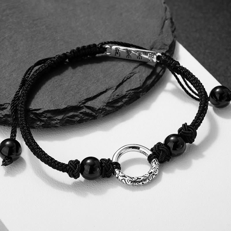 925 Sterling Silver Black Onyx Ping An Kou Peace Buckle Adjustable Bracelet