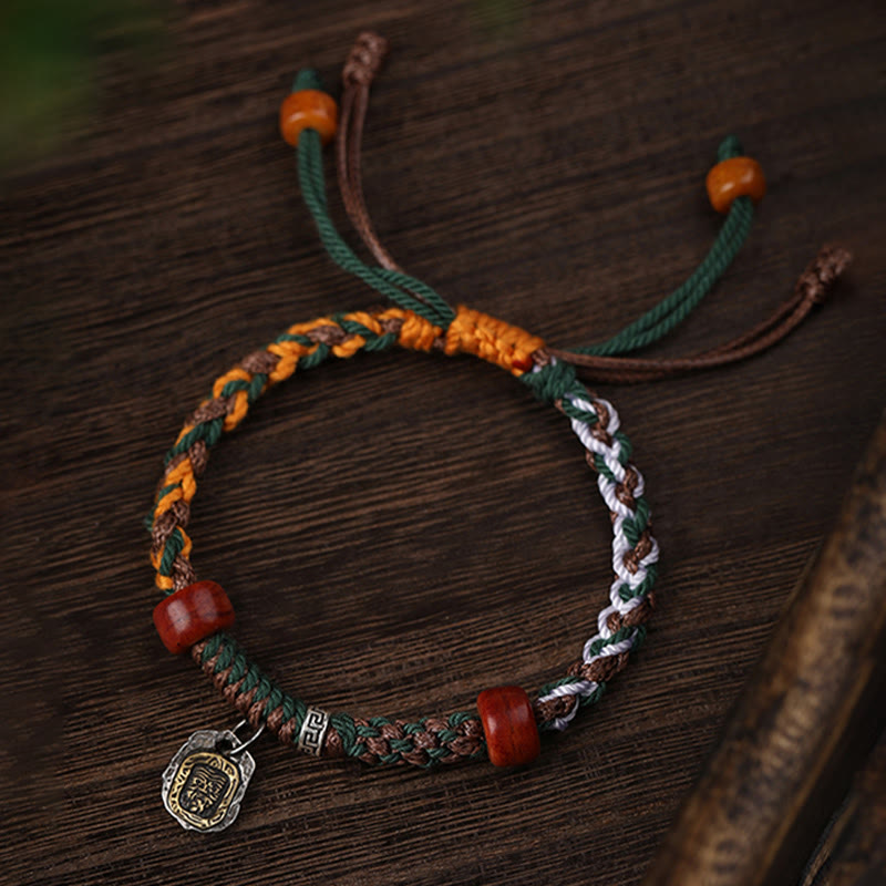 Handmade Tibetan Silver 925 Sterling Silver Zakiram Goddess of Wealth Camel Bone Protection Braided Bracelet