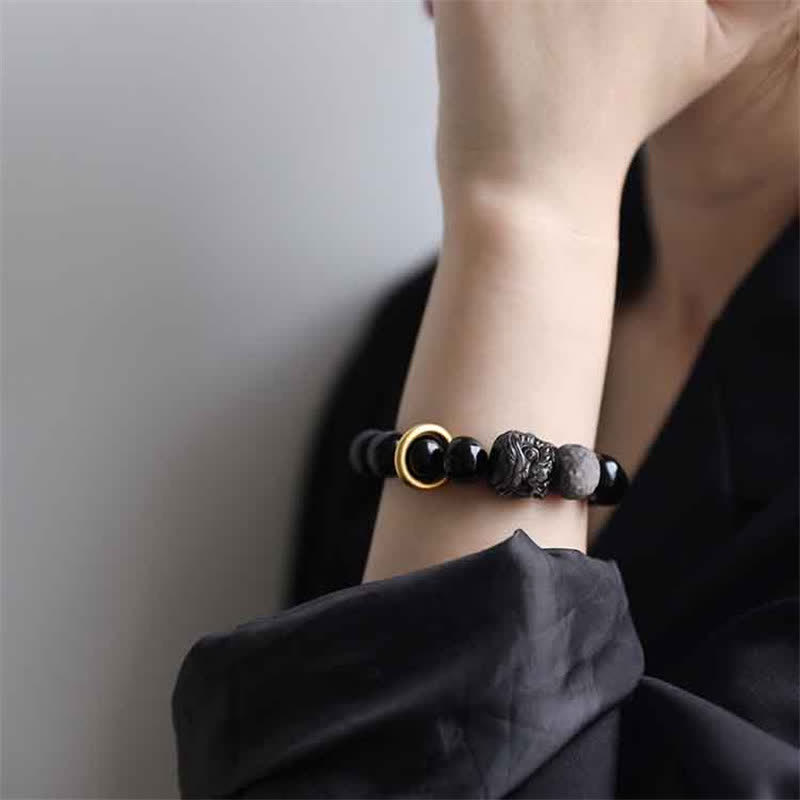 Guardian Lion Silver Sheen & Black Obsidian Beaded Resilience Bracelet