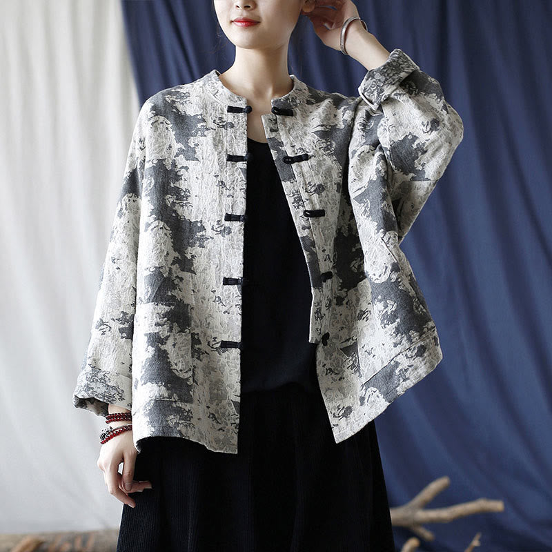 Black Gray Print Frog-button Design Long Sleeve Cotton Linen Jacket Shirt With Pockets