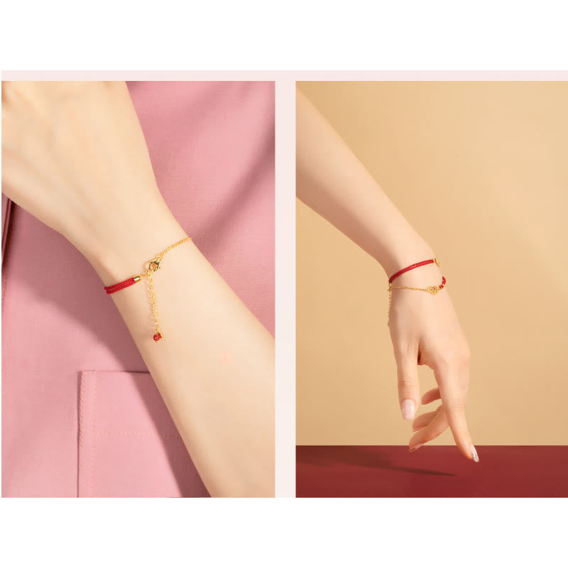 Handmade Red String Bracelet with Gold Longevity Lock and Red Agate