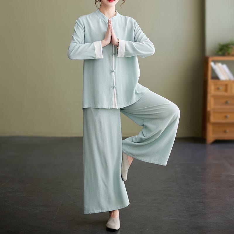 2Pcs Tang Suit Long Sleeve Shirt Top Pants Meditation Zen Tai Chi Cotton Linen Clothing Women's Set