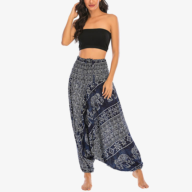 Two Style Wear Elephant Pattern Loose Smocked Harem Trousers Jumpsuit Women's Yoga Pants