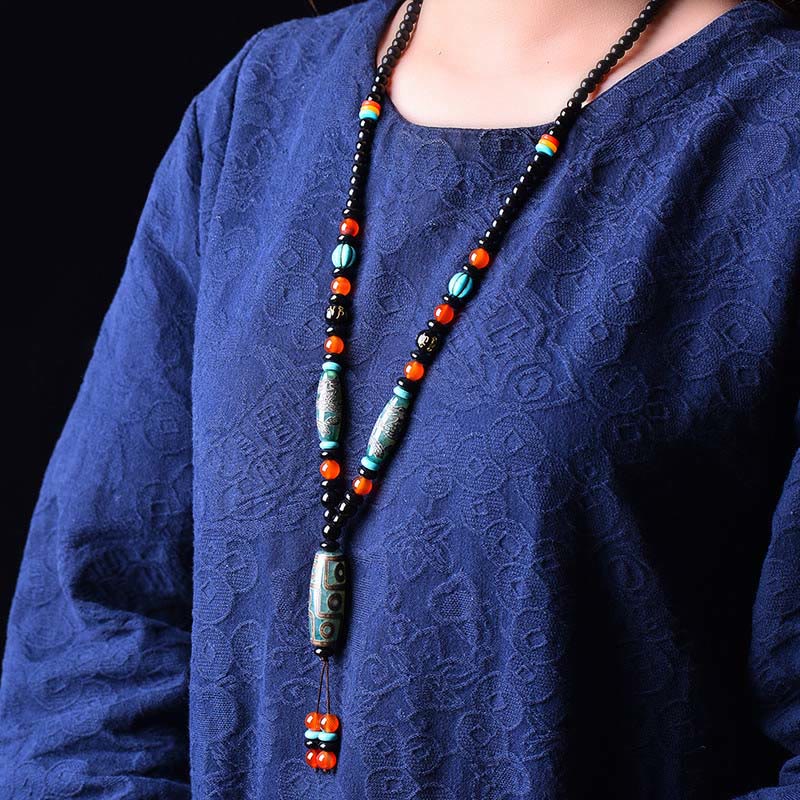 Tibetan Nine-Eye Dzi Bead Dragon Pattern Om Mani Padme Hum Protection Necklace Pendant