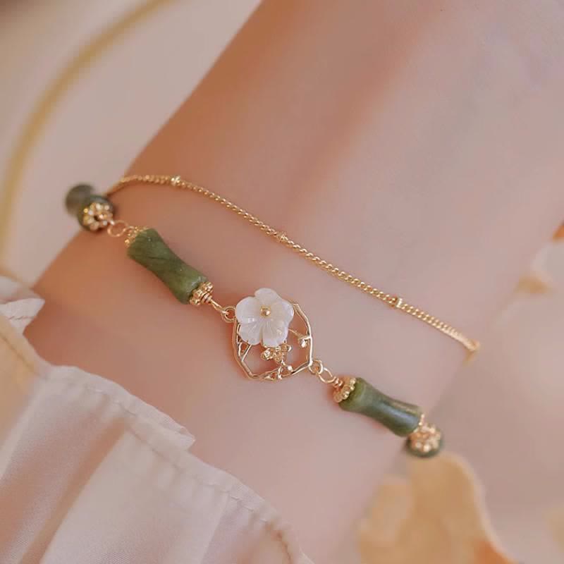 14k Gold Plated Peridot and Tridacna Bamboo Flower Double Layer Copper Bracelet