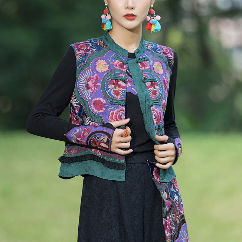Frog-Button Embroidery Flowers Cotton Linen Tang Suit Design Sleeveless Vest