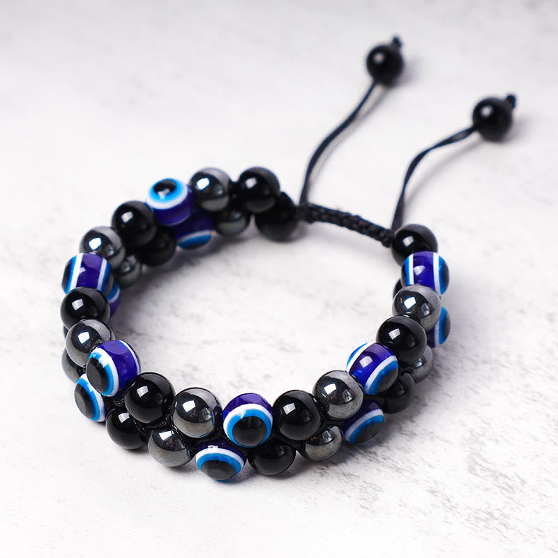 Handmade Evil Eye Hematite and Tiger Eye Adjustable Beaded Bracelet for Men and Women