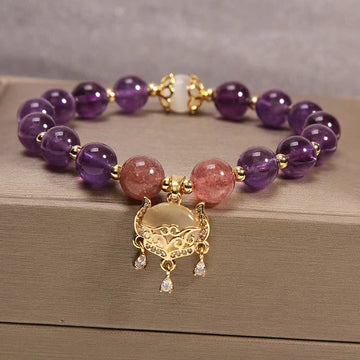 Handmade Amethyst Strawberry Quartz Cat's Eye Longevity Lock Charm Beaded Bracelet