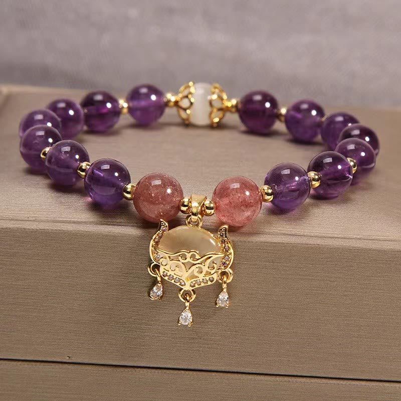 Handmade Amethyst Strawberry Quartz Cat's Eye Longevity Lock Charm Beaded Bracelet
